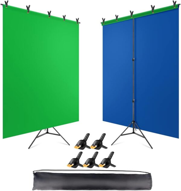Blue Green Screen Backdrop with Stand, 6.5x5ft(HxW) Green Screen Stand, Portable 2-in-1 Blue Greenscreen Background with T-Shape Backdrop Stand, Clips & Carry Bag for Streaming Zoom Photography