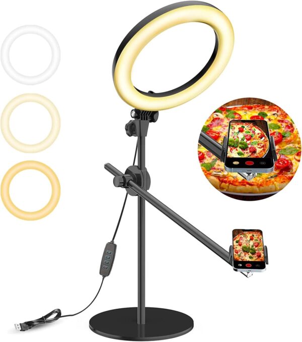 LUXSURE Ring Light for Desk with Stand,Overhead Camera/Phone Mount with 10.5" Ring Lights for iPhone,Phone Tripod with Light Adjustable Lighting for Video Recording,Cooking,Live Stream,Content Creator