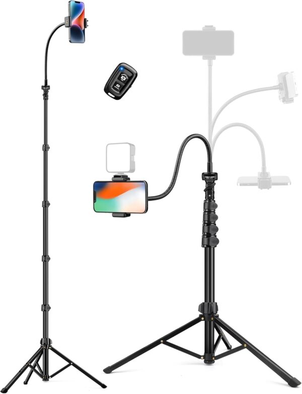 Phone Tripod, 86" Tall Tripod for iPhone with Flexible Gooseneck & Remote, Portable Cellphone Tripod Stand, Aluminum Travel Tripod for Selfies, Video Recording, Compatible with iPhone Android