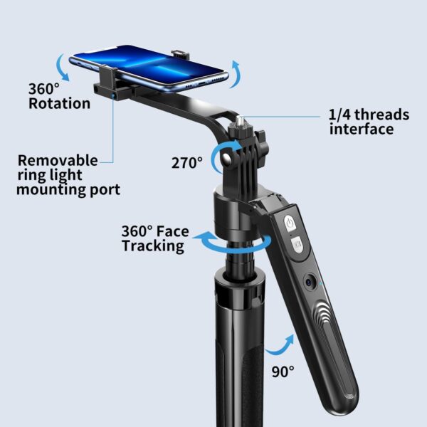 yAyusi Extendable Auto Face Tracking Tripod 360° Rotation with Light, No App, 70.9" Motion Sensor Phone Tripod Stand, Face Body Phone Camera Mount Gesture Control for Vlog/Live Stream/Video Recording - Image 3