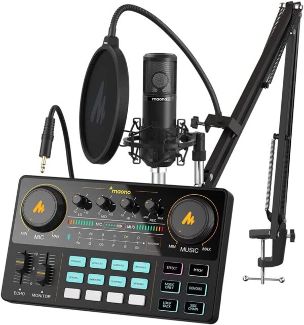 MAONO Podcast Equipment Bundle Audio mixer All-in-One Podcast Production Studio with 3.5mm Microphone for Live Streaming, Podcast Recording, PC, Smartphone, DJ MaonoCaster Lite (AU-AM200-S6 Black)