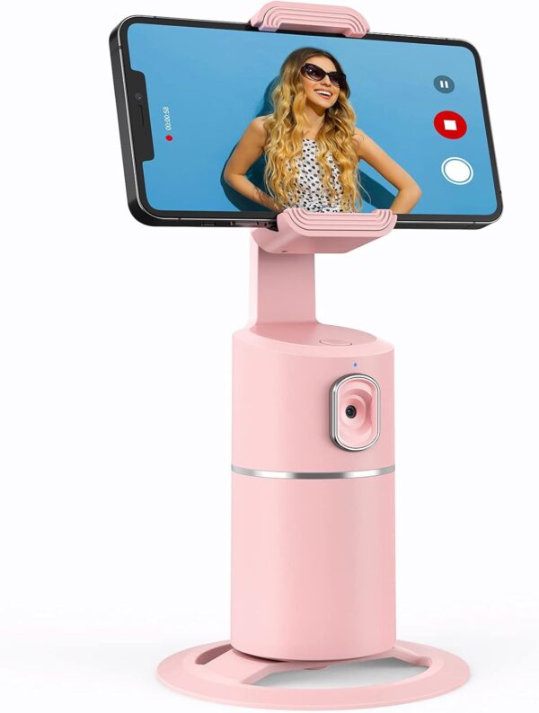 Auto Face Tracking Phone Holder, No App Required, 360° Rotation Face Body Phone Tracking Tripod Smart Shooting Camera Mount for Live Vlog Streaming Video, Rechargeable Battery-Pink