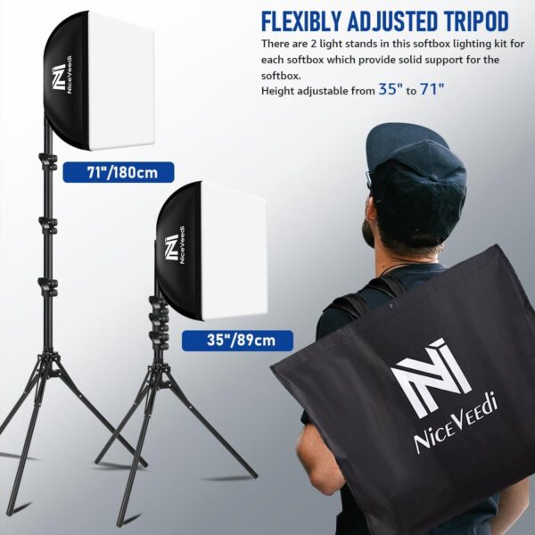 Softbox Lighting Kit, NiceVeedi 2-Pack 16'' x 16'' Softbox Photography Lighting Kit with 63” Tripod Stand & 5400K 450W Equivalent LED Bulb, Continuous Lighting for Photography/Video Record - Image 6