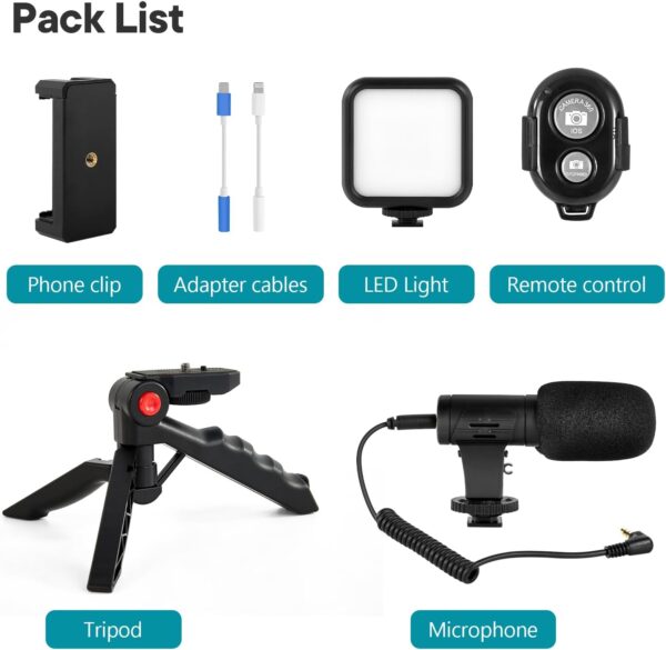 Vlogging Kit for iPhone, Android (with Tripod), with Mini LED Video Light + Cardioid Microphone + Phone Clip + Tripod for Video Calling, Vlogging, YouTube, Instagram, TikTok - Image 7