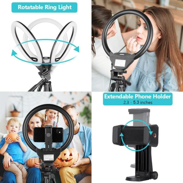 Sensyne 10'' Ring Light with 50'' Extendable Tripod Stand, LED Circle Lights with Phone Holder for Live Stream/Makeup/YouTube Video/TikTok, Compatible with All Phones - Image 4