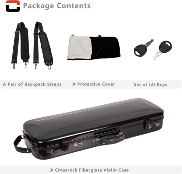 Crossrock Fiberglass Oblong Case fits 4/4 Full-Size Violin, Includes TSA lock, Protective Blanket, Hygrometer, Accessory Compartments-Black (CRF2020VBK-R) - Image 6