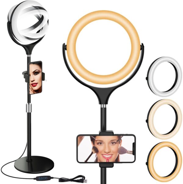 8 inch Desk Ring Light with Stand, Adjustable Computer Circle Light for Video Conference Lighting, Zoom Calls, Virtual Meeting, Video Recording, Selfie Light with Phone Holder for Streaming, Podcast