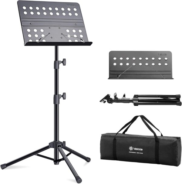 Vekkia Sheet Music Stand-Metal Professional Portable Perforated Music Stand with Carrying Bag,Folding Adjustable Music Holder,Super Sturdy suitable for Instrumental Performance & Band & Travel