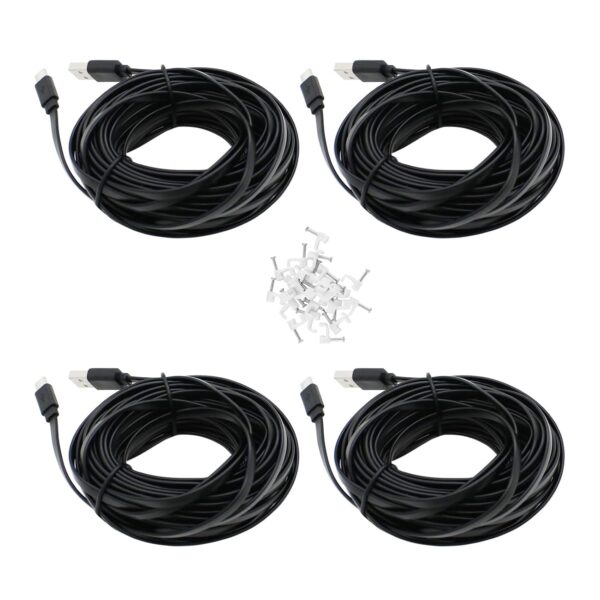 4 Pack 25 ft USB C Cable for CCTV WiFi Security Camera, Type-C Extension Cord Flat Waterproof Wire Clips, Black