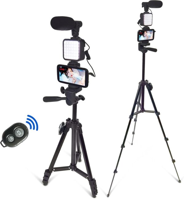 Smartphone Video Kit, Vlogging Kit, Youtuber Kit, with Microphone Light Tripod 50" Extendable Phone Clip Remote Control Compatible with iPhone/Smartphone/Cameras