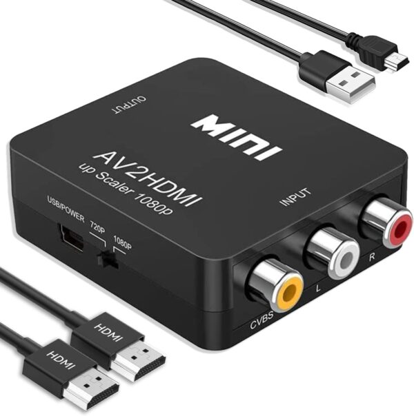 RCA to HDMI Converter, RCA to HDMI Adapter, 1080P Mini RCA Composite CVBS AV to HDMI Video Audio Converter Adapter Support PAL/NTSC for N64 Wii PS2 PS3 Xbox VHS - with HDMI Cable
