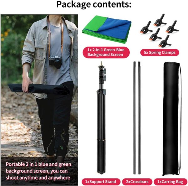 Blue Green Screen Backdrop with Stand, 6.5x5ft(HxW) Green Screen Stand, Portable 2-in-1 Blue Greenscreen Background with T-Shape Backdrop Stand, Clips & Carry Bag for Streaming Zoom Photography - Image 7