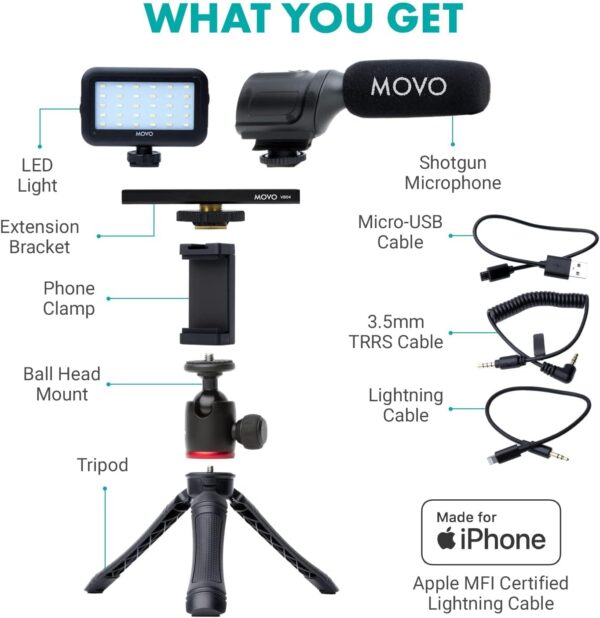 Movo iVlogger Vlogging Kit for iPhone - Lightning Compatible YouTube Starter Kit for Content Creators - Accessories: Phone Tripod, Phone Mount, LED Light and Shotgun Microphone - Image 2