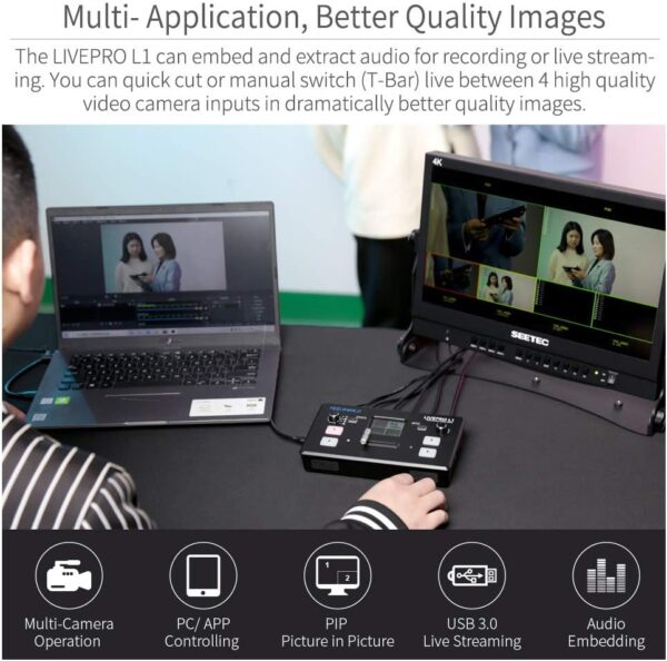 FEELWORLD LIVEPRO L1 V1 Multi Camera Video Mixer Switcher 2 Inch LCD Display 4 x HDMI Inputs USB 3.0 Output Format Real Time Production Live Streaming Lightweight - Image 5