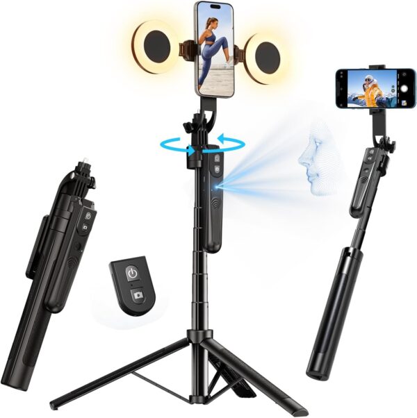 yAyusi Extendable Auto Face Tracking Tripod 360° Rotation with Light, No App, 70.9" Motion Sensor Phone Tripod Stand, Face Body Phone Camera Mount Gesture Control for Vlog/Live Stream/Video Recording