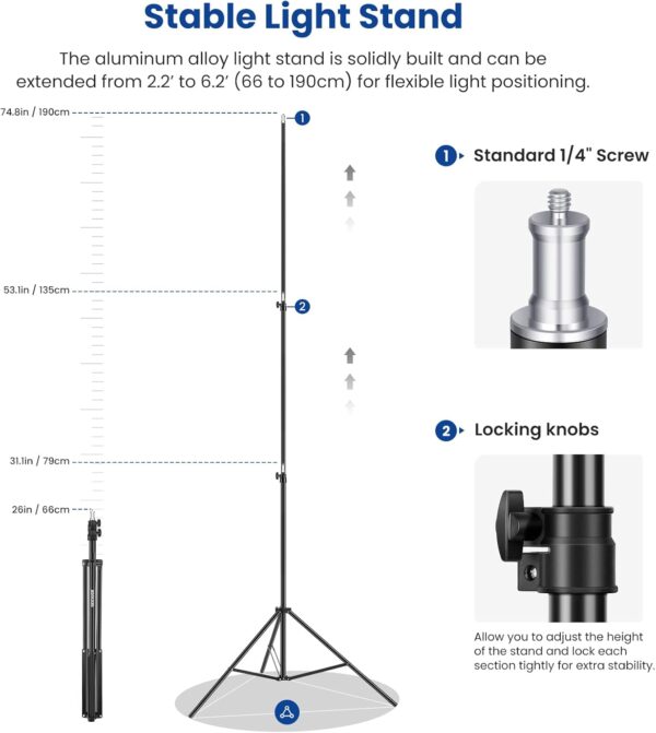 NEEWER 2 Pack Bi Color 660 LED Video Light and Stand Kit: (2) 3200-5600K CRI 96+ Dimmable Light with U Bracket and Barndoor, (2) 75 inches Light Stand for Studio Photography, Video Recording (Black) - Image 8