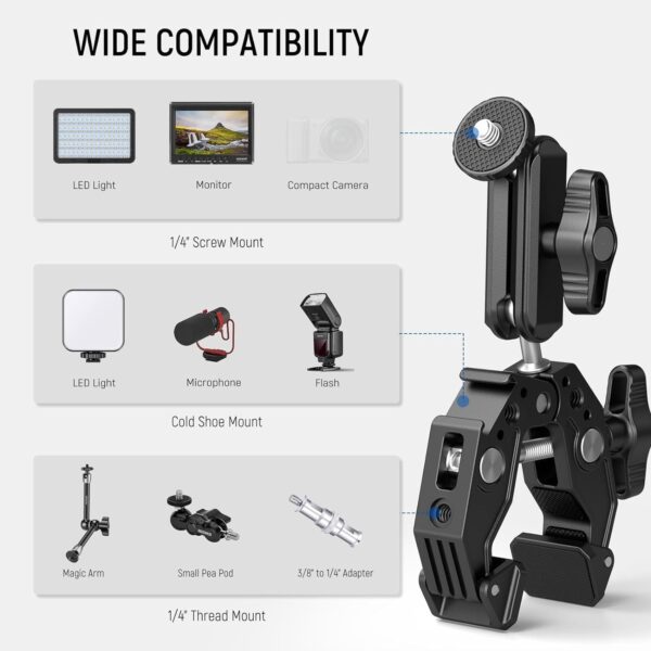 NEEWER Super Clamp with 3" Dual Ballhead Magic Arm, Cold Shoe, 1/4" Threads, Phone/Action Camera Mount Adapter for Desk Tripod Tube Crossbar Gimbal Rods Compatible with SmallRig GoPro DJI, ST83 - Image 7