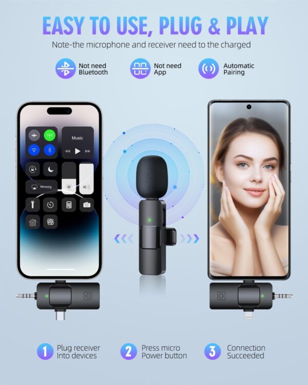 PQRQP 3 in 1 Wireless Lavalier Microphones for iPhone, iPad, Android, Camera, USB-C Microphone, 7-Hour Battery, Mini Microphone with Noise Reduction for Video Recording, Vlog, YouTube, TikTok - Image 4