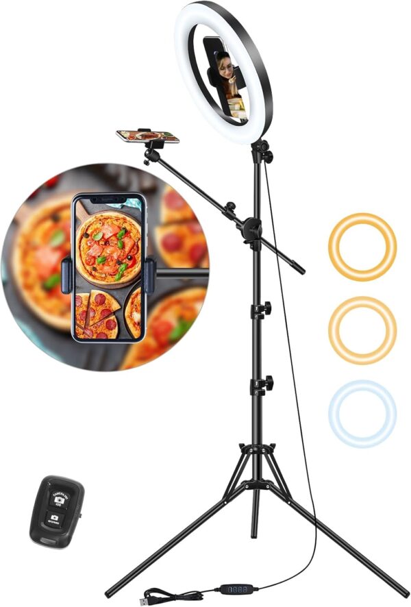 LUXSURE Selfie Ring Light with Stand for Phone, Ring Light Tripod for iPhone, Overhead Phone Mount 10.5" with Phone Stand and Remote, Phone Tripod with Light for Video Recording/Live Streaming/Cooking
