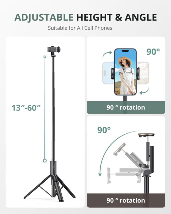 Sensyne 60" Phone Tripod & Selfie Stick, Lightweight All in One Phone Tripod Integrated with Wireless Remote Compatible with All Cell Phones for Selfie/Video Recording/Photo/Live Stream/Vlog（Black） - Image 5