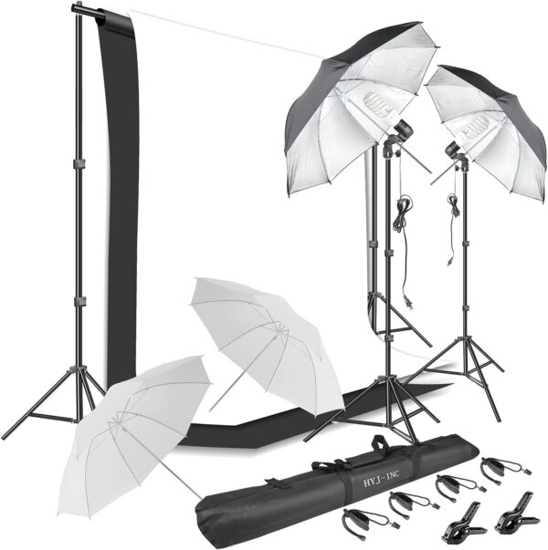 Photography Umbrella Continuous Lighting Kit,Muslin Backdrop Kit(White Black), Backdrop Clips Clamp,10ft Photo Background Photography Stand System for Photo Video Studio Shooting