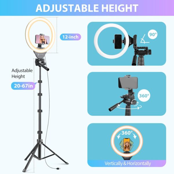 Sensyne 12-inch Ring Light with 67-inch Selfie Stick, Tripod and Phone Holder, Selfie Remote Control Circle Light for Live Stream/Video Recording/TikTok, Compatible with All Phones and Cameras - Image 6