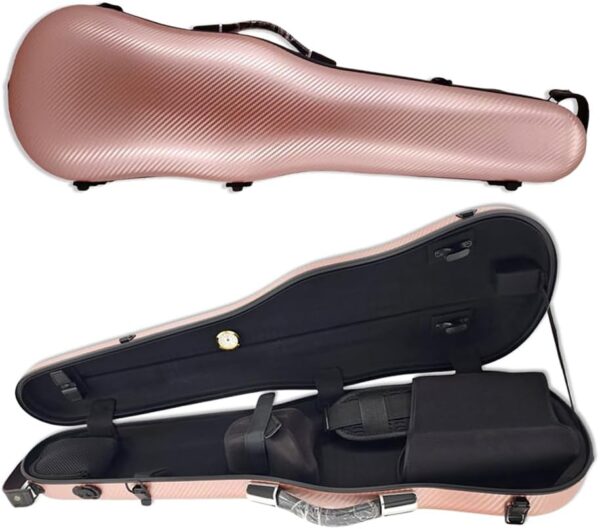 Hard Shell 3/4 Violin Case 4/4 Full Size Carbon Fiber Violin Box Strong Light Anti-Scratch Scratch Shaped Flight Case Travel Backpack Violin Case (Pink gold)