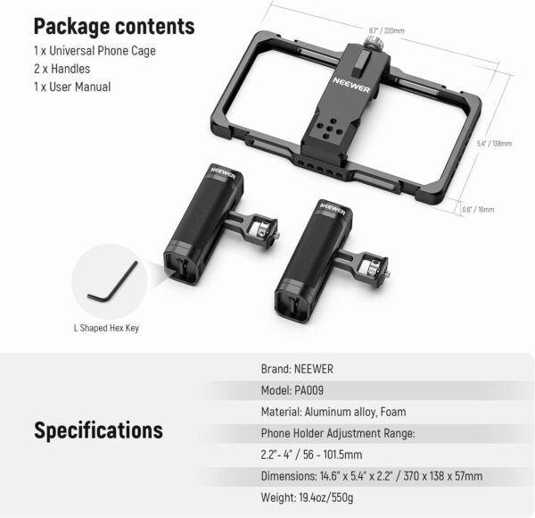 NEEWER Upgraded Phone Rig Vlogging Kit, Video Stabilizer with Dual Handle, Wireless Mic Clip Slot for Tiktok/YouTube, Compatible with SmallRig iPhone 16 15 14 Pro Max Plus 13 Galaxy S23, PA009 - Image 7