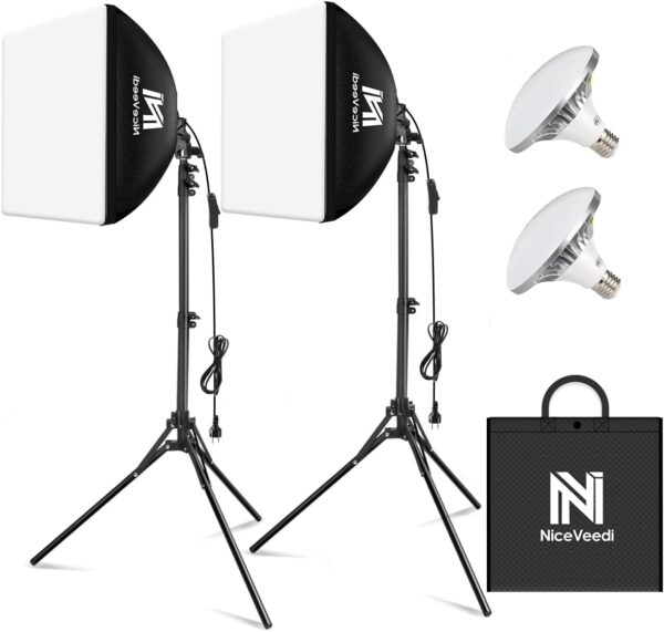 Softbox Lighting Kit, NiceVeedi 2-Pack 16'' x 16'' Softbox Photography Lighting Kit with 63” Tripod Stand & 5400K 450W Equivalent LED Bulb, Continuous Lighting for Photography/Video Record