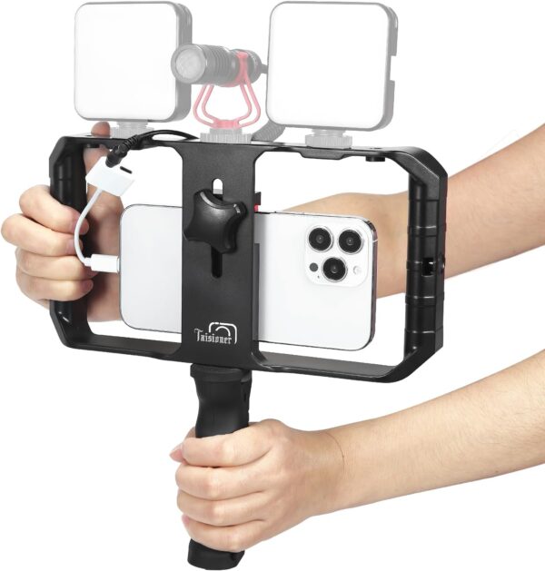 Smartphone Video Rig Hand Girp Stabilizer Filmmaking Vlogging Case Phone Video Stabilizer with Cold Shoe for Film Maker Video Grapher Compatible with iPhone 15/14/13/12/ Pro Max and Android