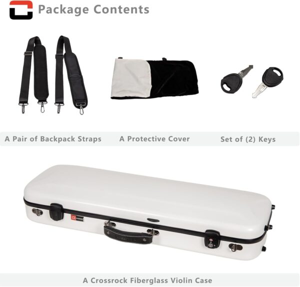 Crossrock Fiberglass Oblong Case fits 4/4 Full-Size Violin, with Accessory Compartments, Removable Shoulder Straps, TSA Lock, Hygrometer-White (CRF2020VWT-R) - Image 5