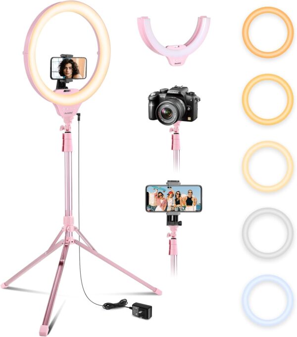 Aureday 14'' Selfie Ring Light with 62'' Tripod Stand and Phone Holder, Dimmable LED Phone Ringlight for Makeup/Video Recording/Photography, Circle Lighting for Cell Phones&Lightweight Cameras