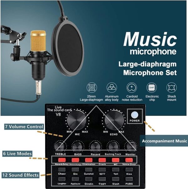 Podcast Equipment Bundle, BM-800 Recording Studio Package with Voice Changer, Live Sound Card - Audio Interface for Laptop Computer Vlog Living Broadcast Live Streaming YouTube TikTok (AM100-V8) - Image 3
