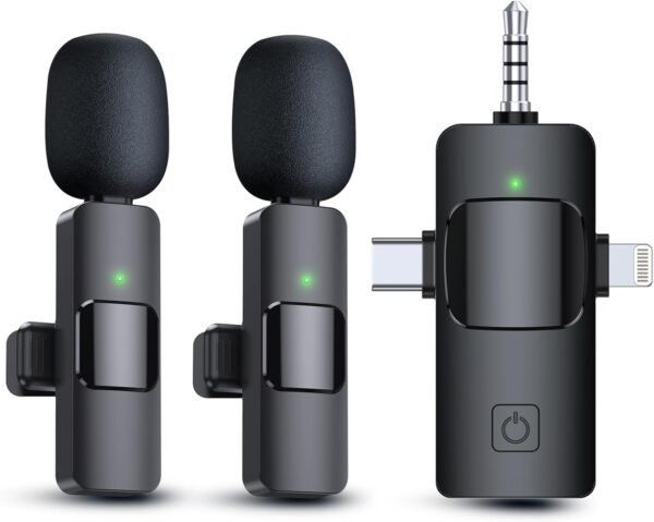 PQRQP 3 in 1 Wireless Lavalier Microphones for iPhone, iPad, Android, Camera, USB-C Microphone, 7-Hour Battery, Mini Microphone with Noise Reduction for Video Recording, Vlog, YouTube, TikTok