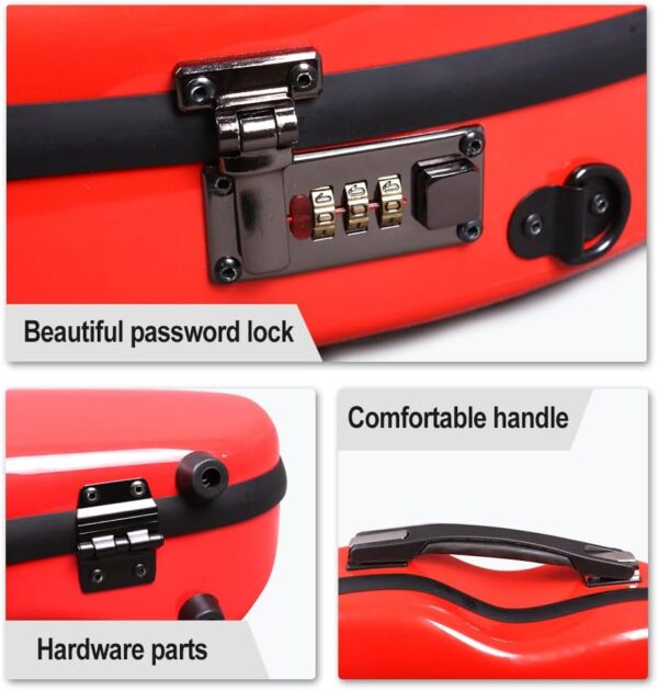 4/4 full size Violin Case carbon fiber Knife Shape Box Strong Light with Password Lock (Red) - Image 6