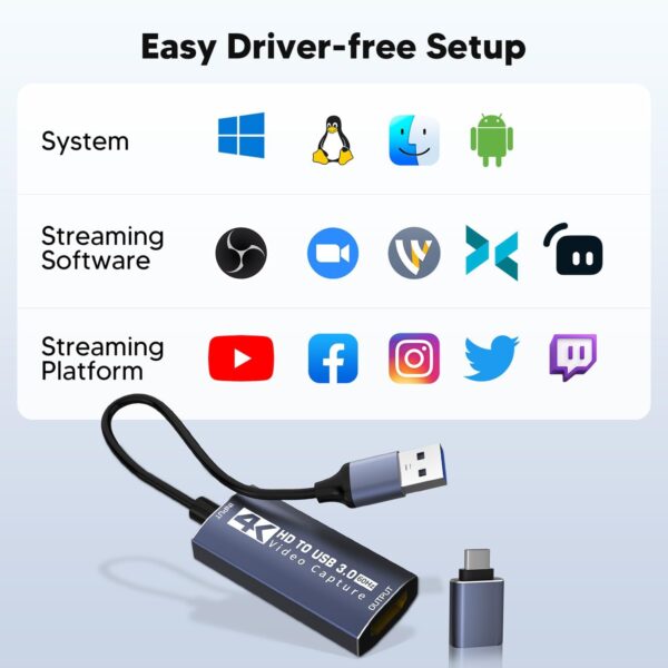 4K Audio Video Capture Card,4K HDMI to USB C 3.0, Full HD 60fps 1080P for Game Recording, Live Streaming Broadcasting… - Image 4