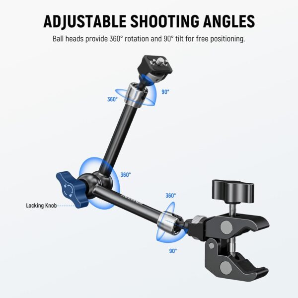 Neewer 11" Articulating Magic Arm Clamp Mount with Super Clamp, Camera Monitor Mount with 1/4" 3/8" ARRI Locating Pins & Holes for DSLR Action Camera Video Light Compatible with SmallRig Cage, ST16C - Image 3