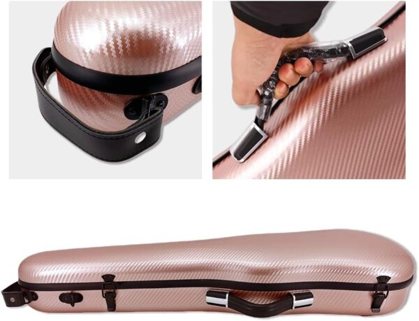 Hard Shell 3/4 Violin Case 4/4 Full Size Carbon Fiber Violin Box Strong Light Anti-Scratch Scratch Shaped Flight Case Travel Backpack Violin Case (Pink gold) - Image 7