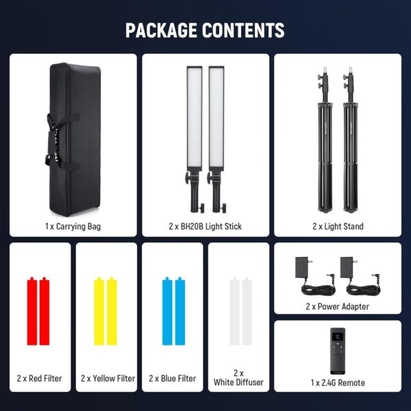 NEEWER Upgraded LED Video Light Stick & 2.4G Remote Kit, 2 Pack Handheld Dimmable 3200K~5600K CRI97+ Video Lighting with Stands/Filters/Bag for YouTube Video Recording Photography Gaming, BH20B Black - Image 9