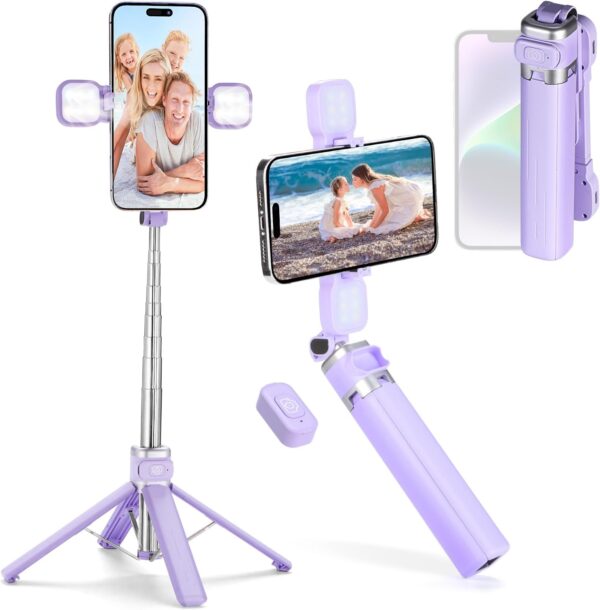 Mini iPhone Tripod Stand,MQOUNY 38" Phone Tripod &Selfie Stick with Wireless Rechargeable Remote & Removable Light, Extendable Tripod Stand 360 Rotation Compatible with iPhone&Android Samsung (Purple)