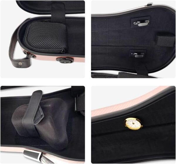 Hard Shell 3/4 Violin Case 4/4 Full Size Carbon Fiber Violin Box Strong Light Anti-Scratch Scratch Shaped Flight Case Travel Backpack Violin Case (Pink gold) - Image 4