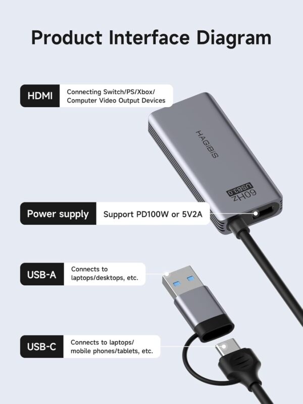 Hagibis USB3.0 Video Capture Card with 100W PD HDMI to USB/USB C 1080P HD 60fps Live and Record Video Audio Game MS2130 for Quest 3 2 Pro VR Switch PS4/5 Live Broadcast, Gaming, Streaming (UHC07P) - Image 5
