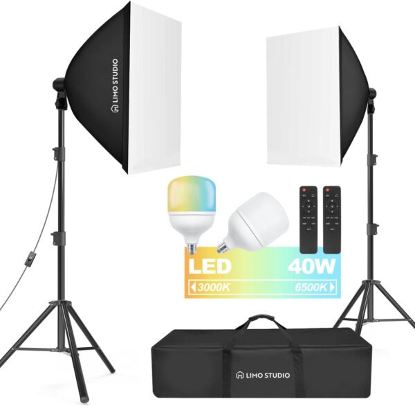 LimoStudio (LED Super Bright) 1600W Output Remote Control, 20 x 28 inch Softbox Continuous Lighting Kit, 3000K-6500K Adjustable Color Temperature, 7600 Lumen, 95>CRI, Soft Box Light Diffuser, AGG3431