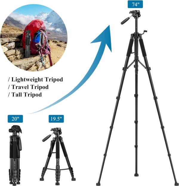 VICTIV 74” Camera Tripod, Tripod for Camera and Phone, Aluminum Heavy Duty Tripod Stand for Canon Nikon with Carry Bag and Phone Holder, Compatible with DSLR, iPhone, Spotting Scopes, Max Load 15 Lb - Image 2