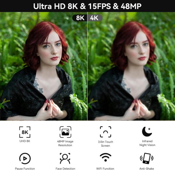 Video Camera, 8K Camcorder 48MP 15FPS UHD WiFi Vlogging Camera with IR Night Vision for YouTube, 3" Touch Screen 18X Digital Zoom, with Fill Light, Mic, Stabilizer, Lens Hood, Remote and 2 Batteries - Image 4