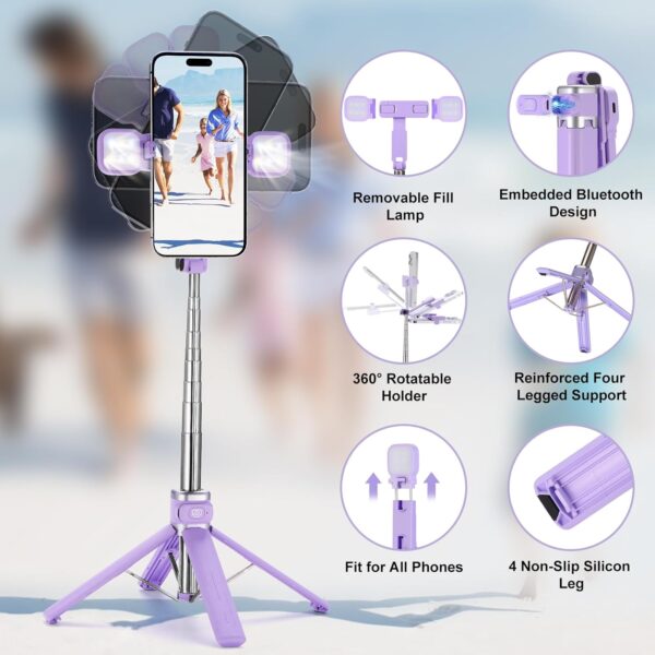 Mini iPhone Tripod Stand,MQOUNY 38" Phone Tripod &Selfie Stick with Wireless Rechargeable Remote & Removable Light, Extendable Tripod Stand 360 Rotation Compatible with iPhone&Android Samsung (Purple) - Image 2