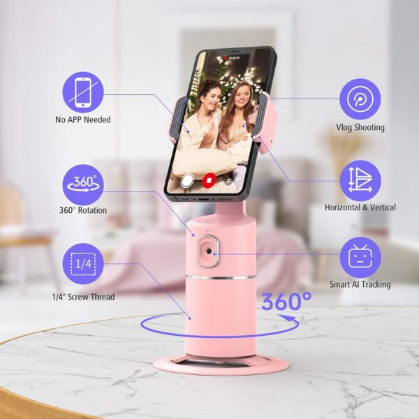 Auto Face Tracking Phone Holder, No App Required, 360° Rotation Face Body Phone Tracking Tripod Smart Shooting Camera Mount for Live Vlog Streaming Video, Rechargeable Battery-Pink - Image 2