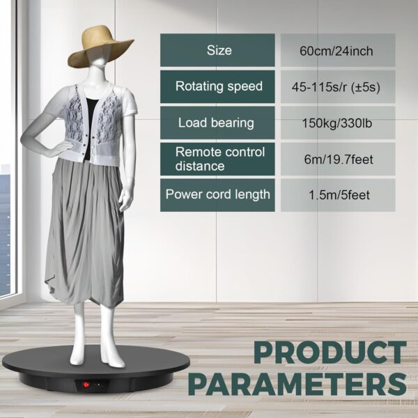 Large Photography Turntable 24inch/330lb Motorized Rotating Display Stand 360 Degree with Remote Control Electric Turntable for Products, Model Photo or Video(Black) - Image 2