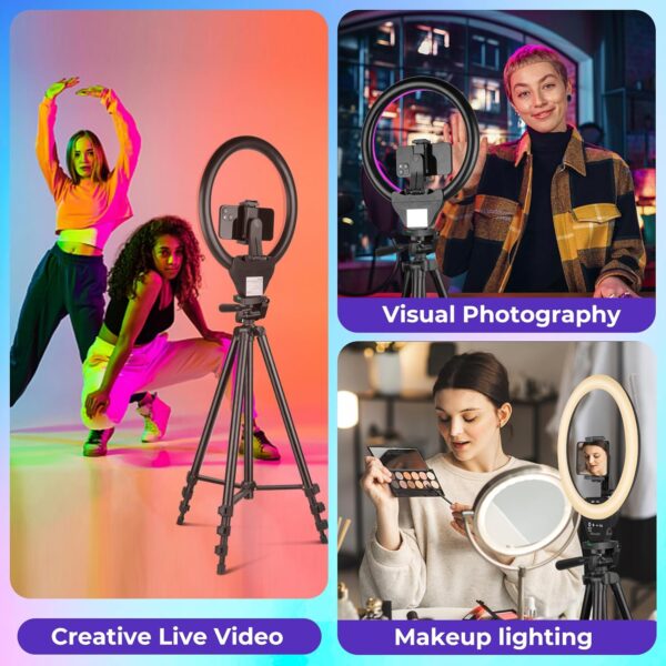 Sensyne 10'' RGB Ring Light with 50'' Extendable Tripod Stand, Circle Lights with Phone Holder for Live Stream/Makeup/YouTube Video/TikTok, Compatible with All Phones - Image 2