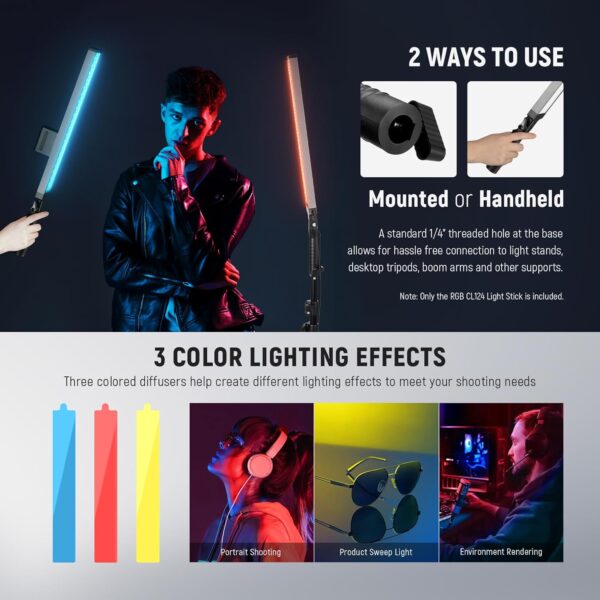 NEEWER Upgraded LED Video Light Stick & 2.4G Remote Kit, 2 Pack Handheld Dimmable 3200K~5600K CRI97+ Video Lighting with Stands/Filters/Bag for YouTube Video Recording Photography Gaming, BH20B Black - Image 5